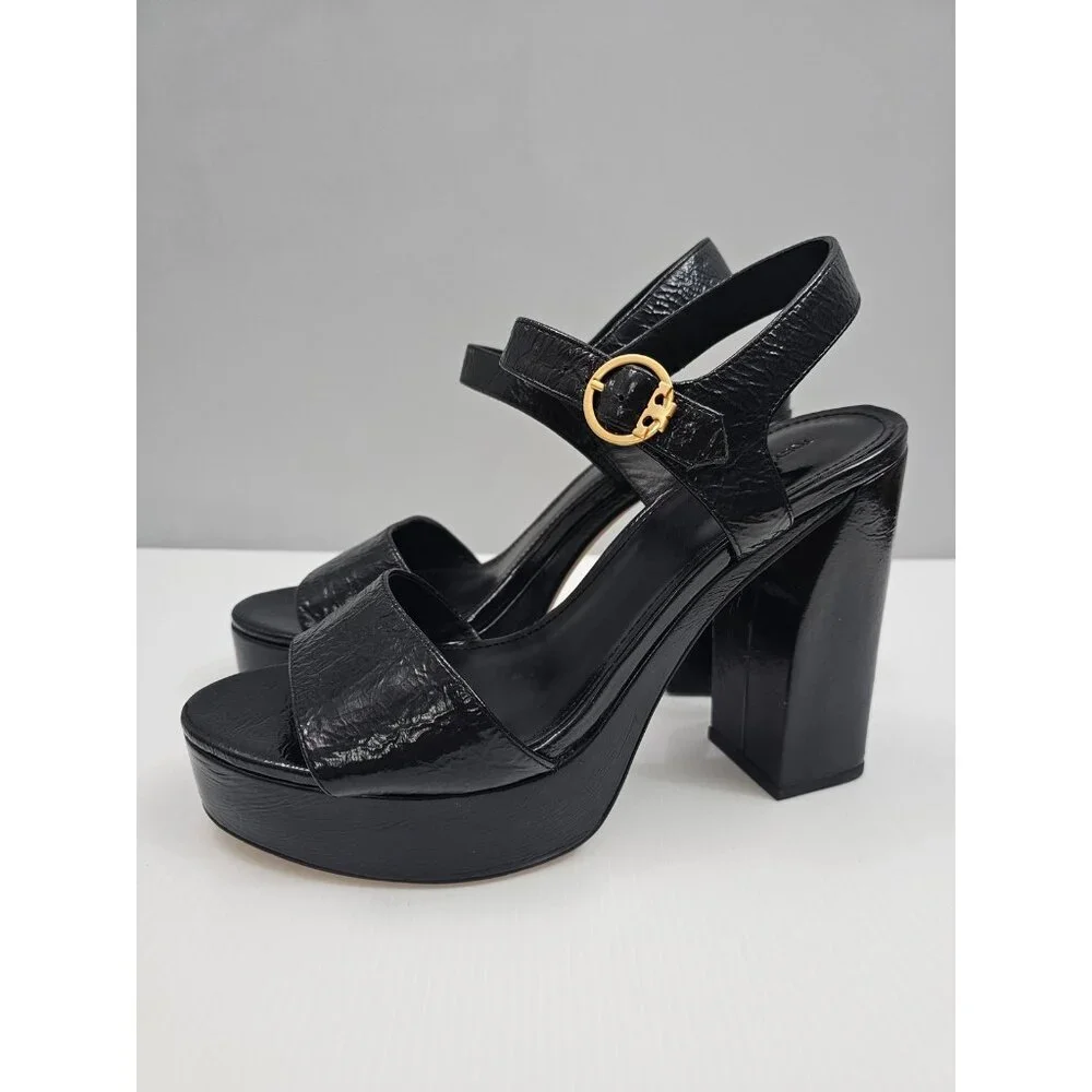 Tory Burch Martine 115MM Platform Heels Womens 10 Black Patent Leather Sandal